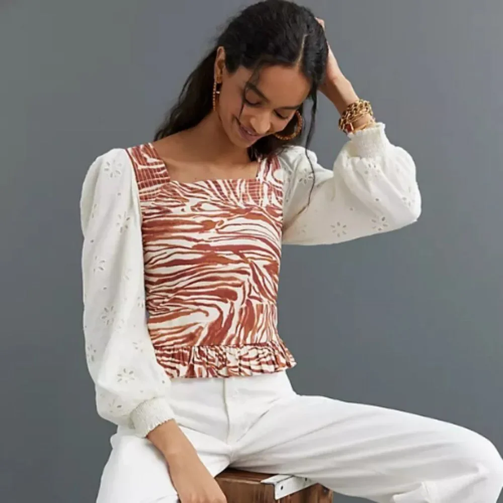 NWT Anthropologie Smocked Puff-Sleeve Blouse | L